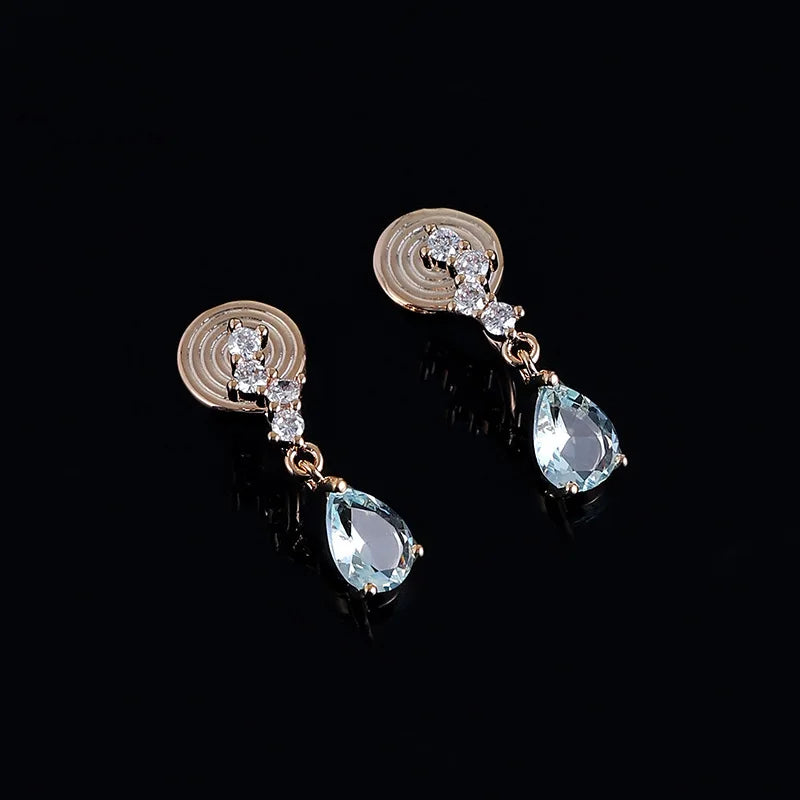 Elegant Blue Teardrop Zircon Gold Tone Alloy Spiral Stud & Clip On No Piercing Dangle Earrings