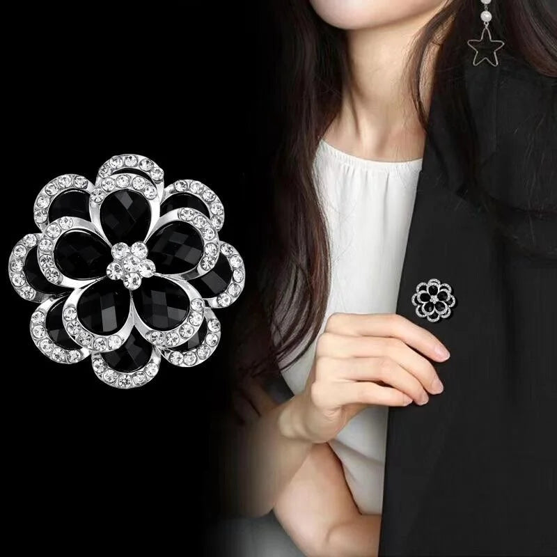Elegant Black Flower Rhinestone Alloy Brooch, Sparkling Petal Lapel Pin Corsage For Women's Suit Accessory