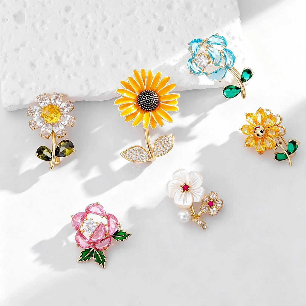 Elegant Enamel Sunflower Camellia Flower Brooch With Rhinestone Leaves, Luxury Lapel Pin Suit Accessory Gift