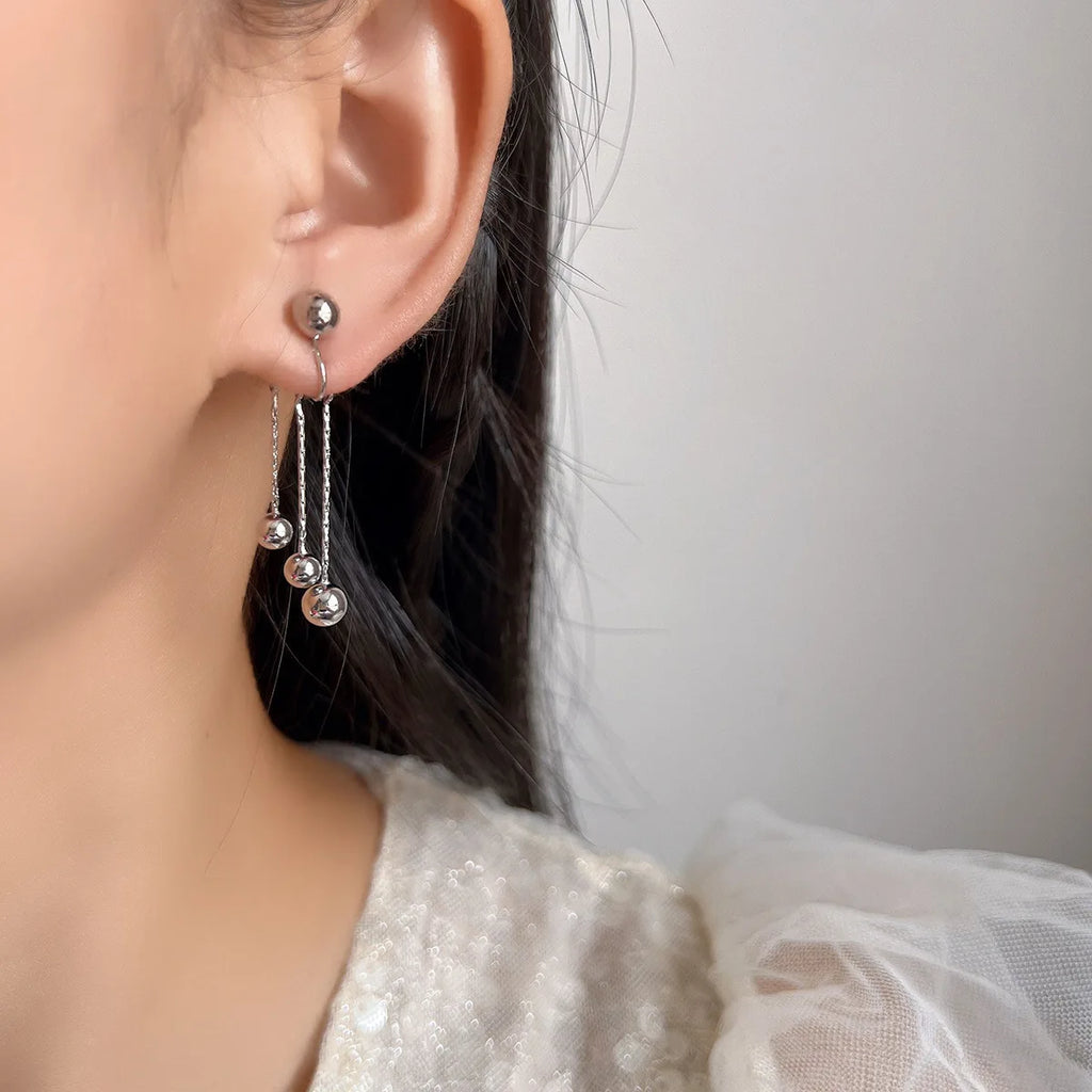 Elegant Alloy Metal Ball Spiral Tassel Drop Stud & Clip On No Piercing Back Hanging Earrings