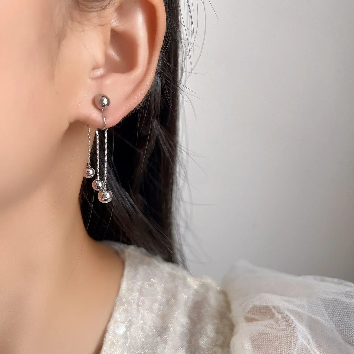 Elegant Alloy Metal Ball Spiral Tassel Drop Stud & Clip On No Piercing Back Hanging Earrings