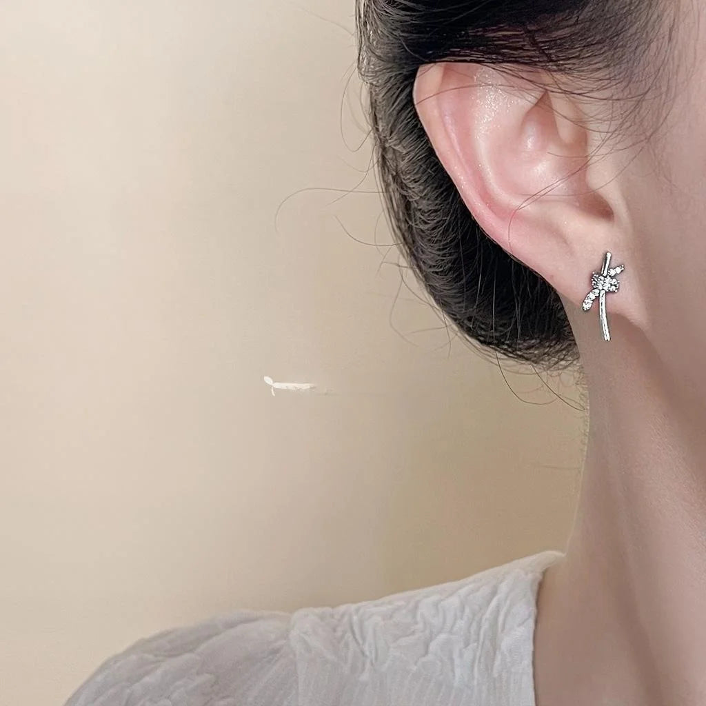 Niche Designer Copper Zircon Bow Knot Stud Earrings, Minimalist Geometric Ribbon Style