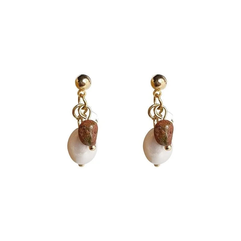 Geometric Freshwater Pearl Natural Stone Tassel Stud Earrings With Silver Plated