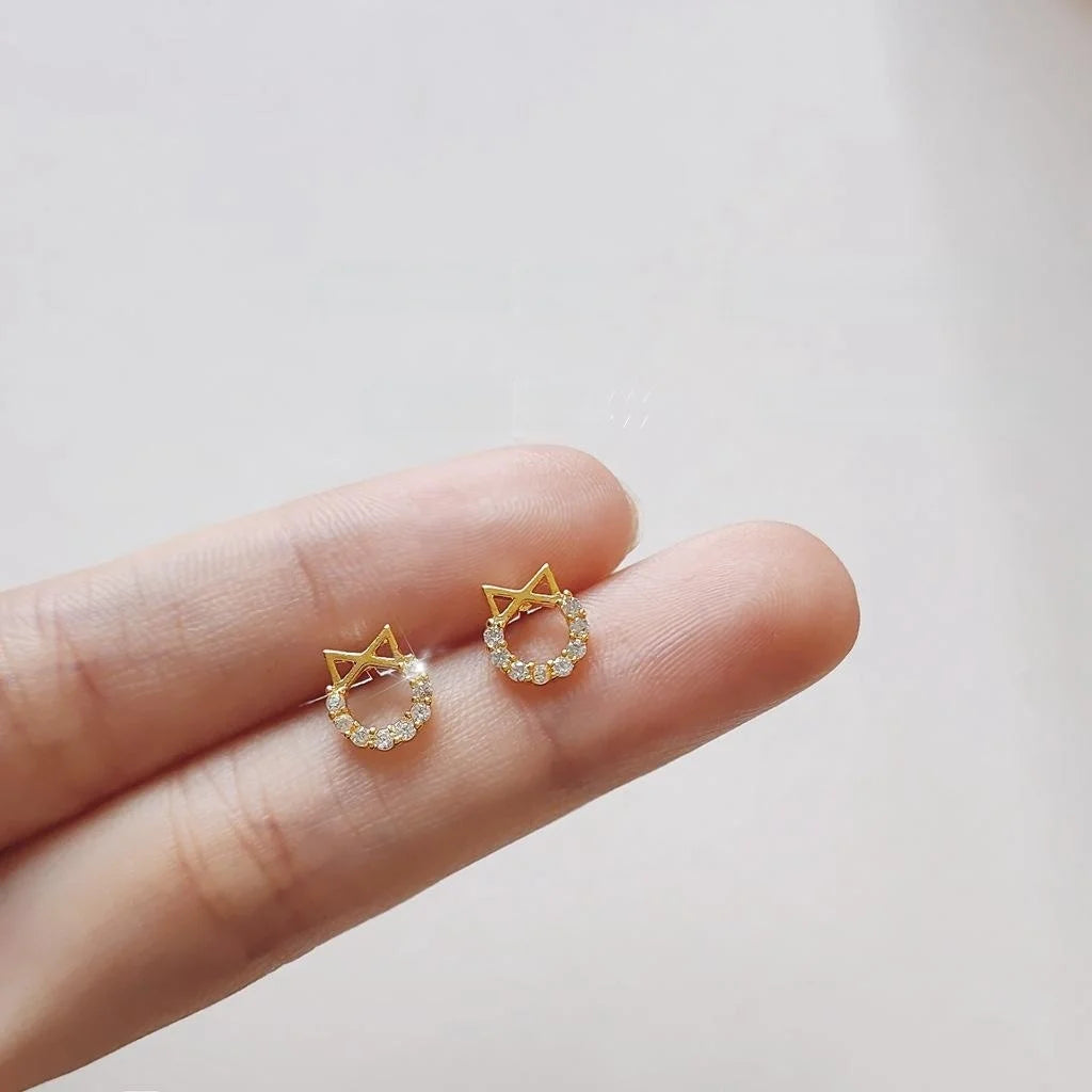 14K Gold Plated Copper Cat Head Stud Earrings Micro Pave Zircon Korean Japanese Mini Jewelry