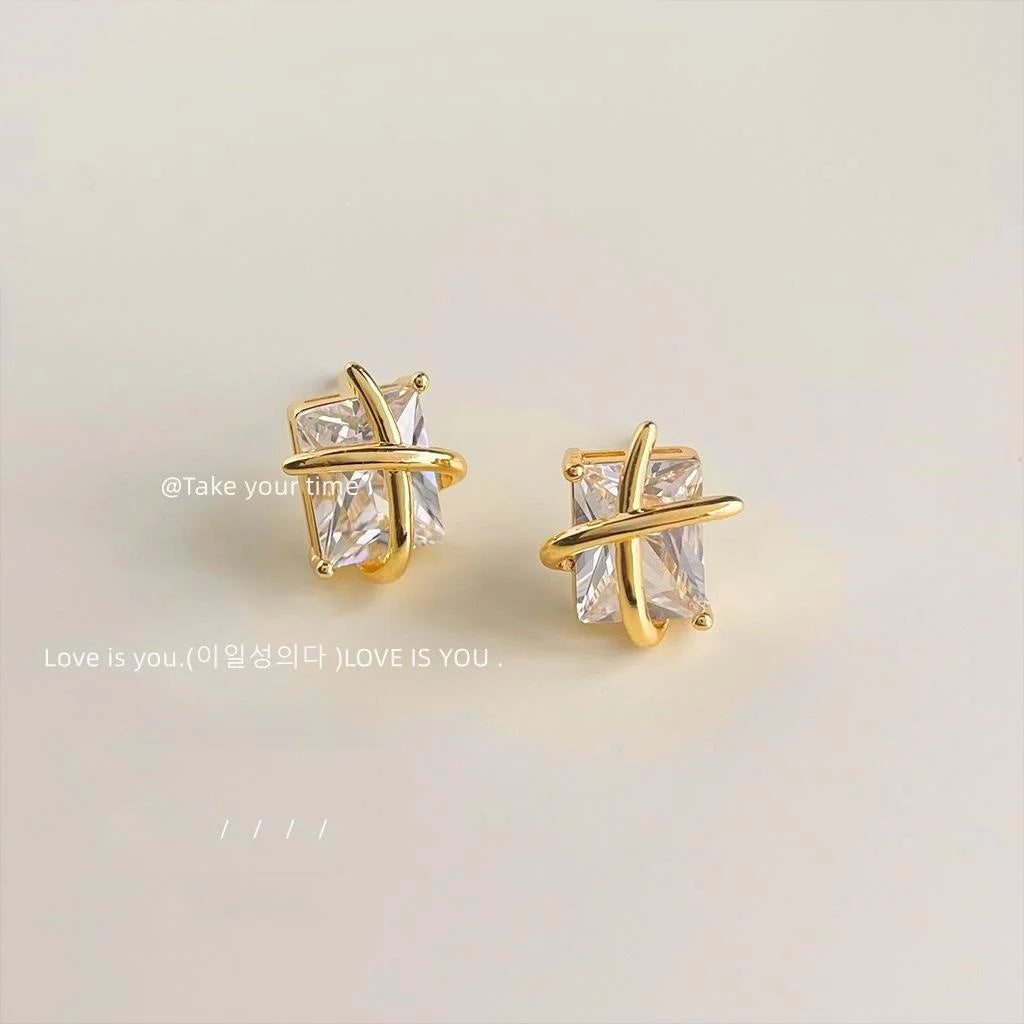 Light Luxury Copper Cubic Zirconia Stud Earrings Geometric Cross Line Square Design