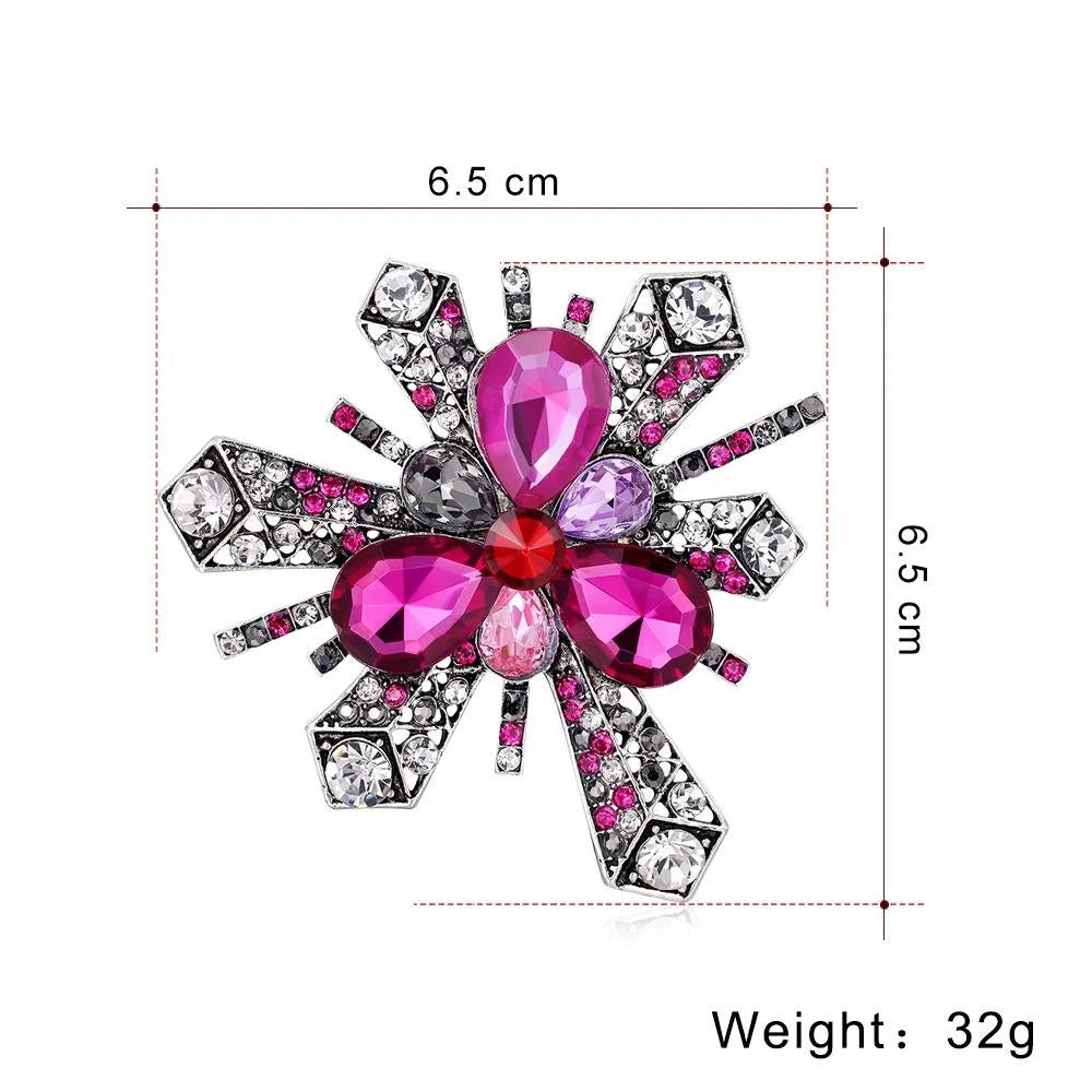 Vintage Pink Acrylic Gem Flower Brooch With Rhinestone Alloy Burst Design, Elegant Lapel Pin Gift