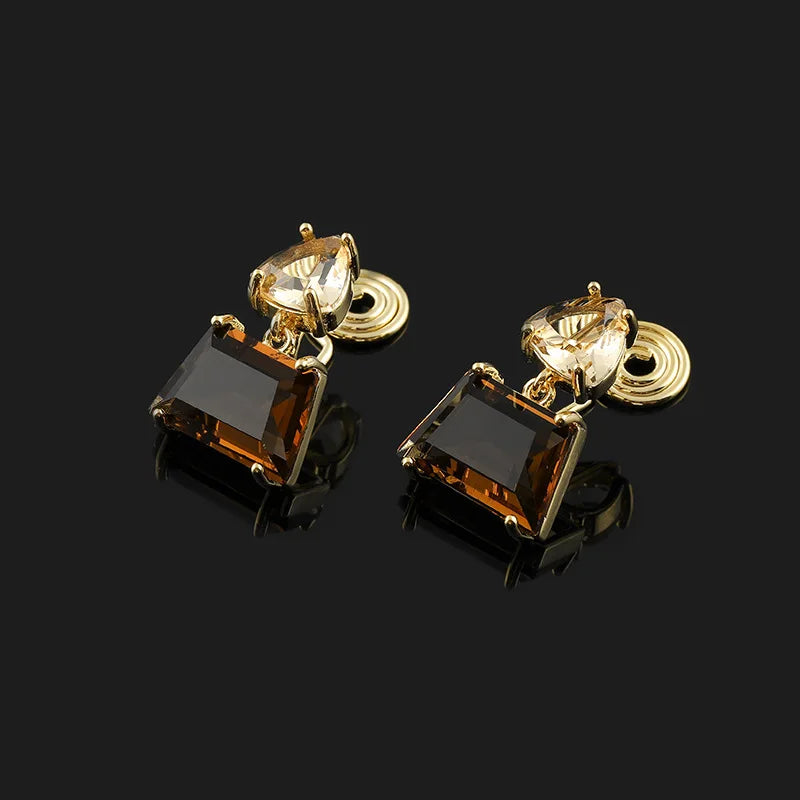 Vintage Luxury Geometric Tea Brown Crystal Alloy Drop Stud & Clip On No Piercing Dangle Earrings