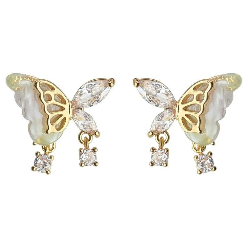 14K Plated Copper Resin Micro Pave Zircon 3D Butterfly Drop Earrings Sweet Elegant Style
