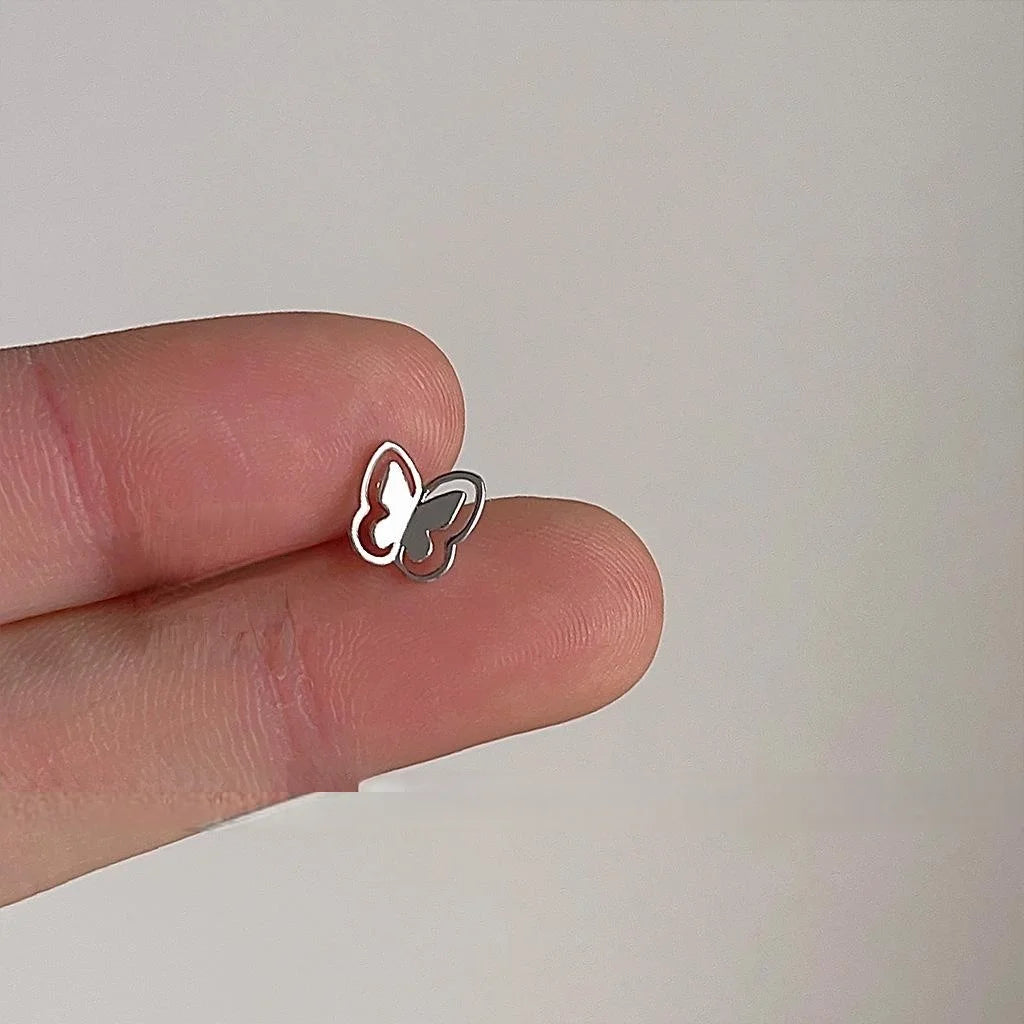 Sweet Cool Silver Plated Copper Hollow Butterfly Stud Earrings Mini 3D Minimalist Jewelry For Women