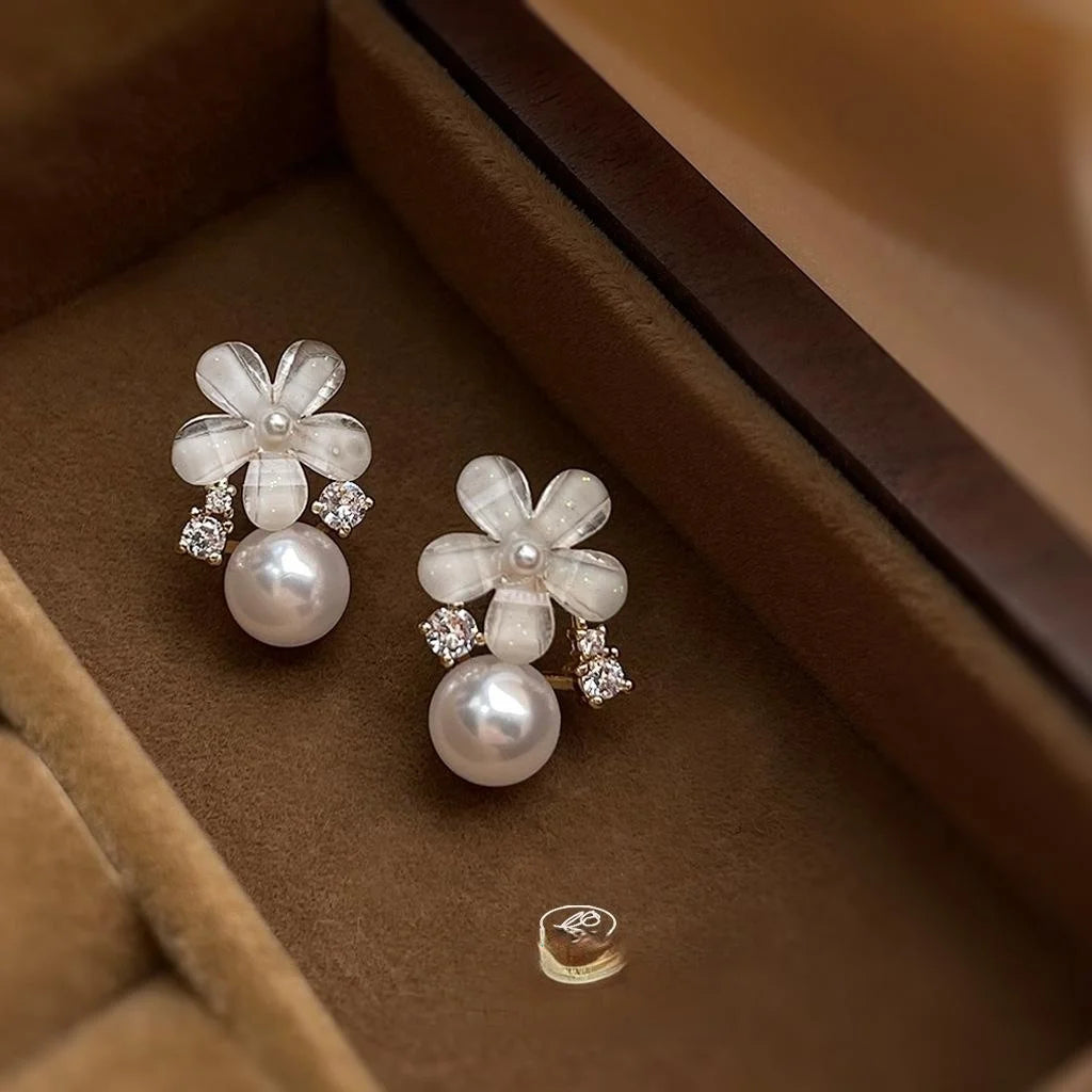 14K Gold Plated Copper Flower Stud Earrings With Micro Pave Zircon Sweet Korean Style