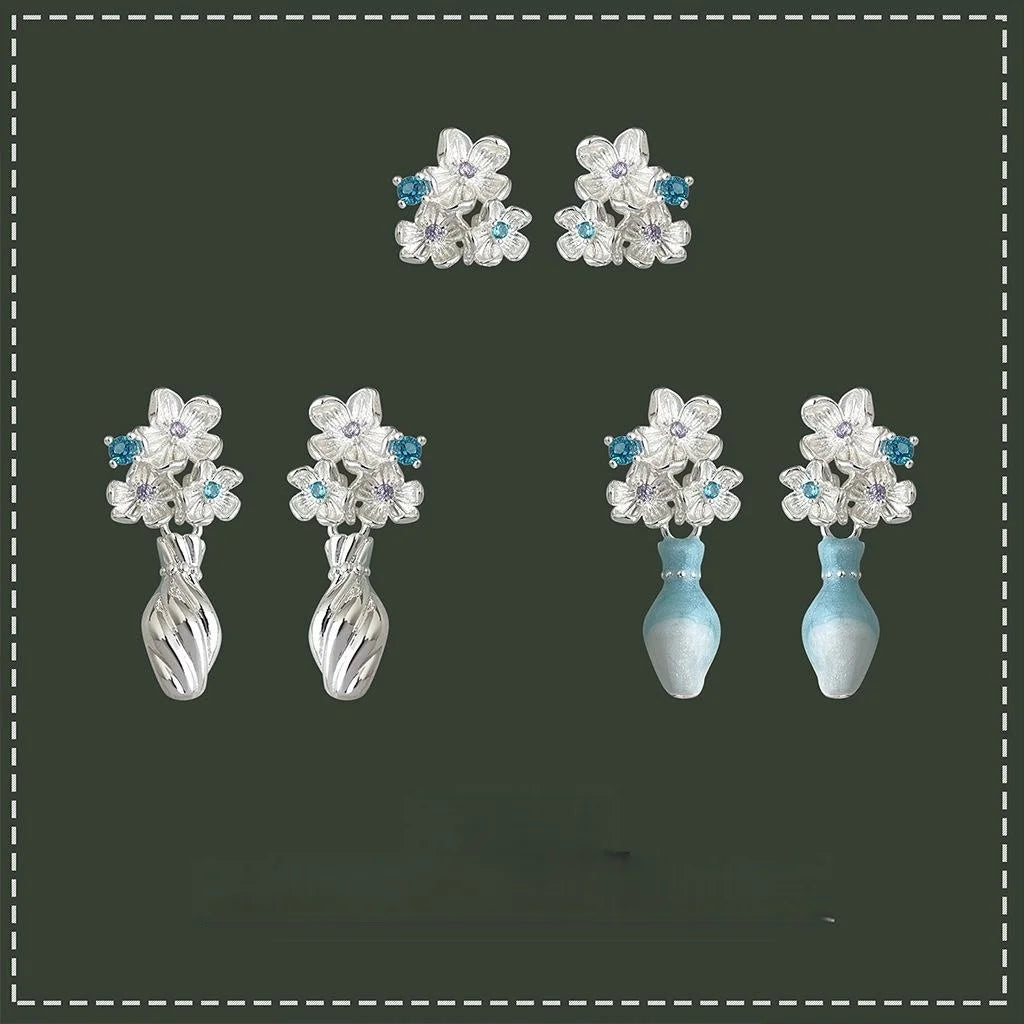 Elegant Gradient Drip Glaze Enamel Vase Flower Drop Earrings Silver Plated Copper Cool Tone