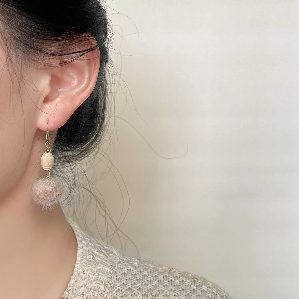High-End Sweet Winter Plush Pom Pom Copper Drop Earrings With Wooden Round Geometric Design
