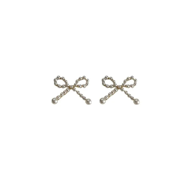 14K Plated Copper Mini Pearl Bow Stud Earrings For Women Cute Lolita Style Jewelry