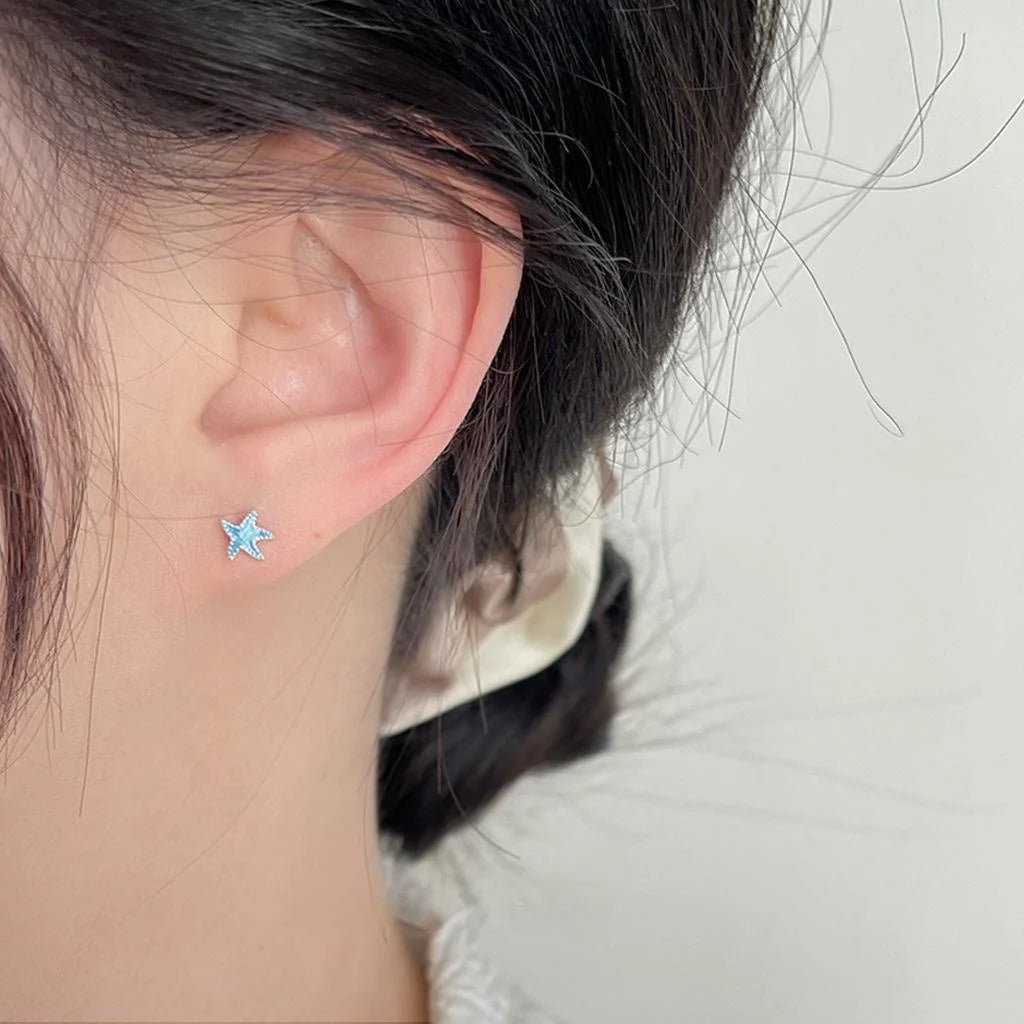 Mini Blue Starfish Copper Stud Earrings Cute Sweet Minimalist Commuter Jewelry For Women