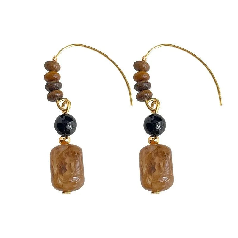 Handmade Vintage New Chinese Style Tiger Eye Natural Stone Irregular Geometric Drop Earrings