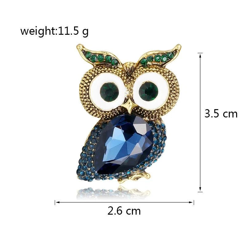 Vintage Big Eye Owl Brooch With Red Rhinestone Crystal, Gold Tone Alloy Animal Lapel Pin Coat Gift