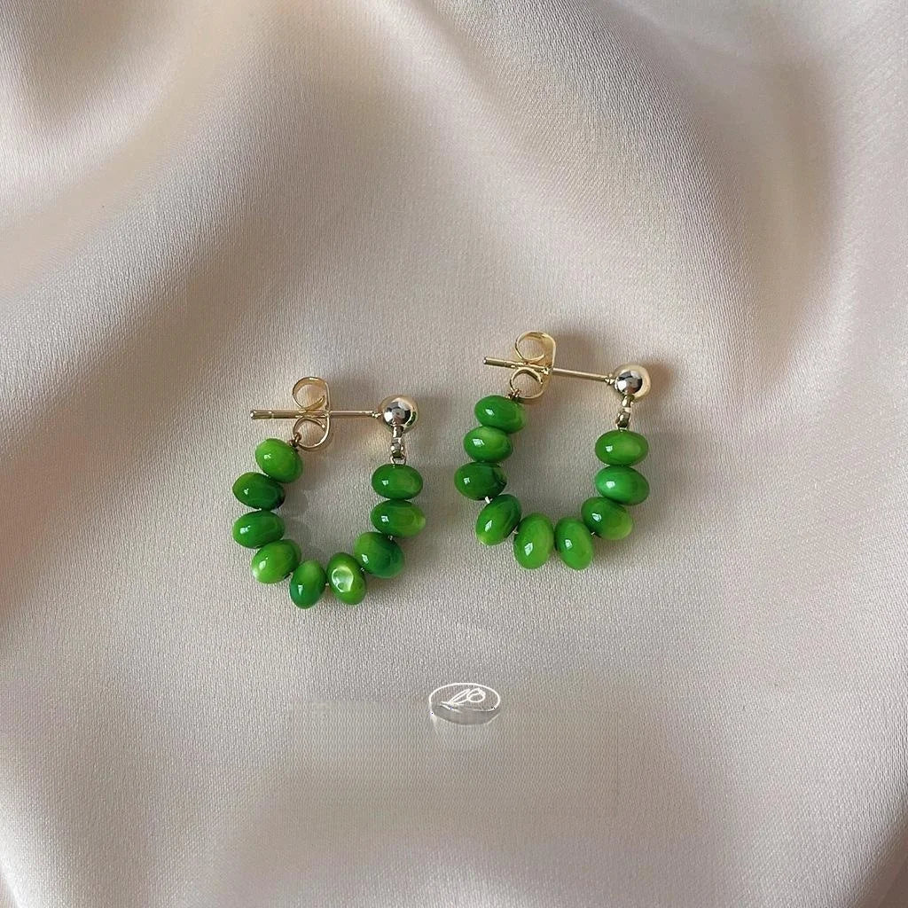 Fresh Green Shell Geometric Ring Line Drop Earrings Handmade Silver Plated Elegant Jewelry