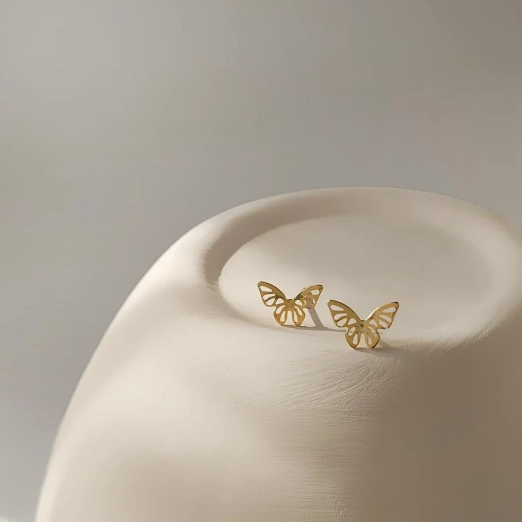 Mini 14K Gold Plated Copper Hollow Butterfly Stud Earrings For Women Simple Daily Jewelry