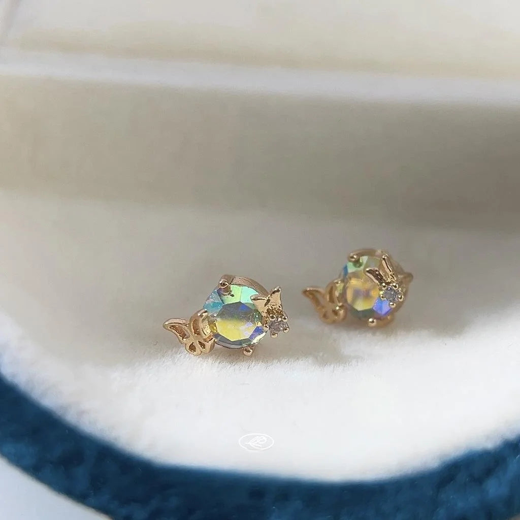 Sweet Iridescent Glass Butterfly Stud Earrings Copper Zircon Hollow Star Mini Jewelry