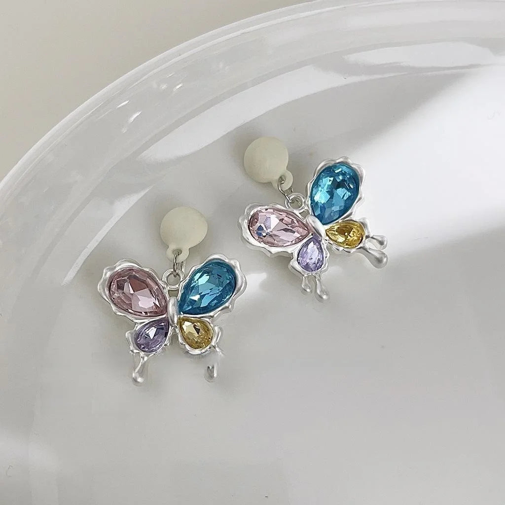 Sweet Cool Colorful Glass Crystal Butterfly Drop Earrings Candy Color Creative Student Jewelry