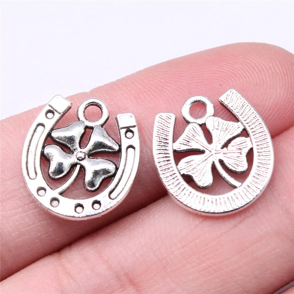 16x15mm 1.3g Antique Silver Zinc Alloy Four Leaf Clover Horseshoe Charm Pendant for DIY Jewelry Making