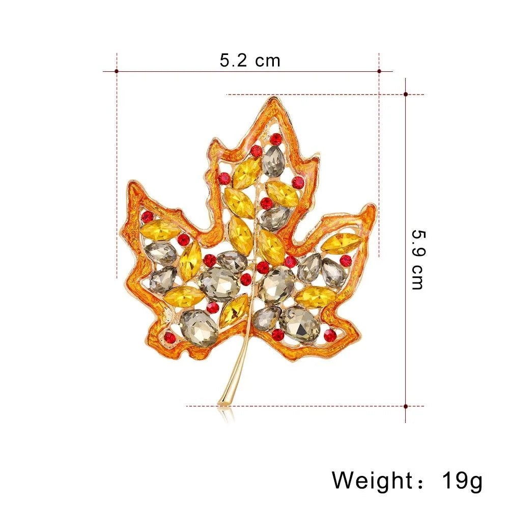 Luxury Enamel Maple Leaf Brooch With Rhinestone Crystals, Elegant Lapel Pin Corsage Suit Accessory Gift