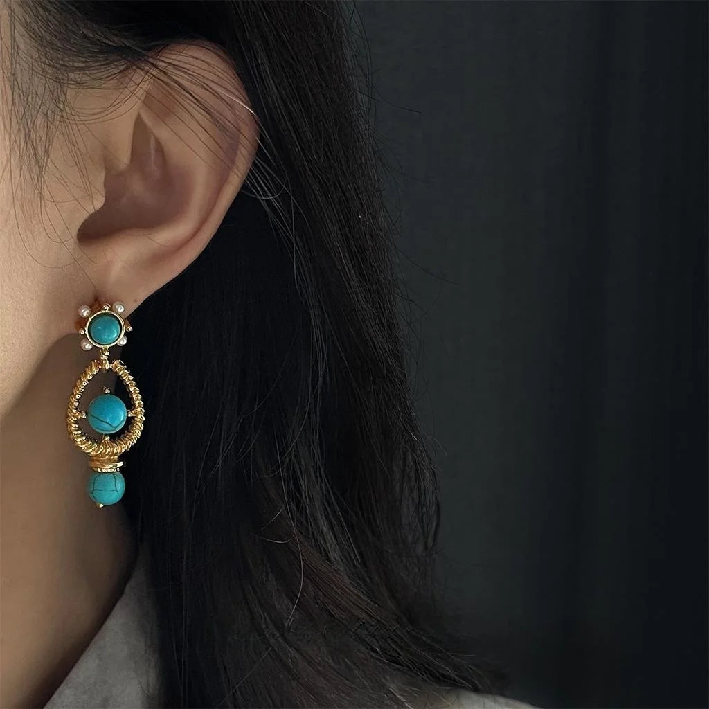 Vintage French High Luster Pearl Synthetic Turquoise Hollow Teardrop Drop Earrings