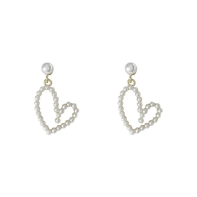 14K Gold Plated Copper Pearl Hollow Heart Stud Earrings Sweet Fresh Korean Style