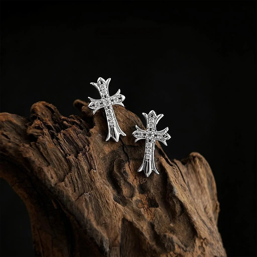 Punk Copper Micro Pave Zircon Cross Mini Stud Earrings Street Fashion Geometric Jewelry
