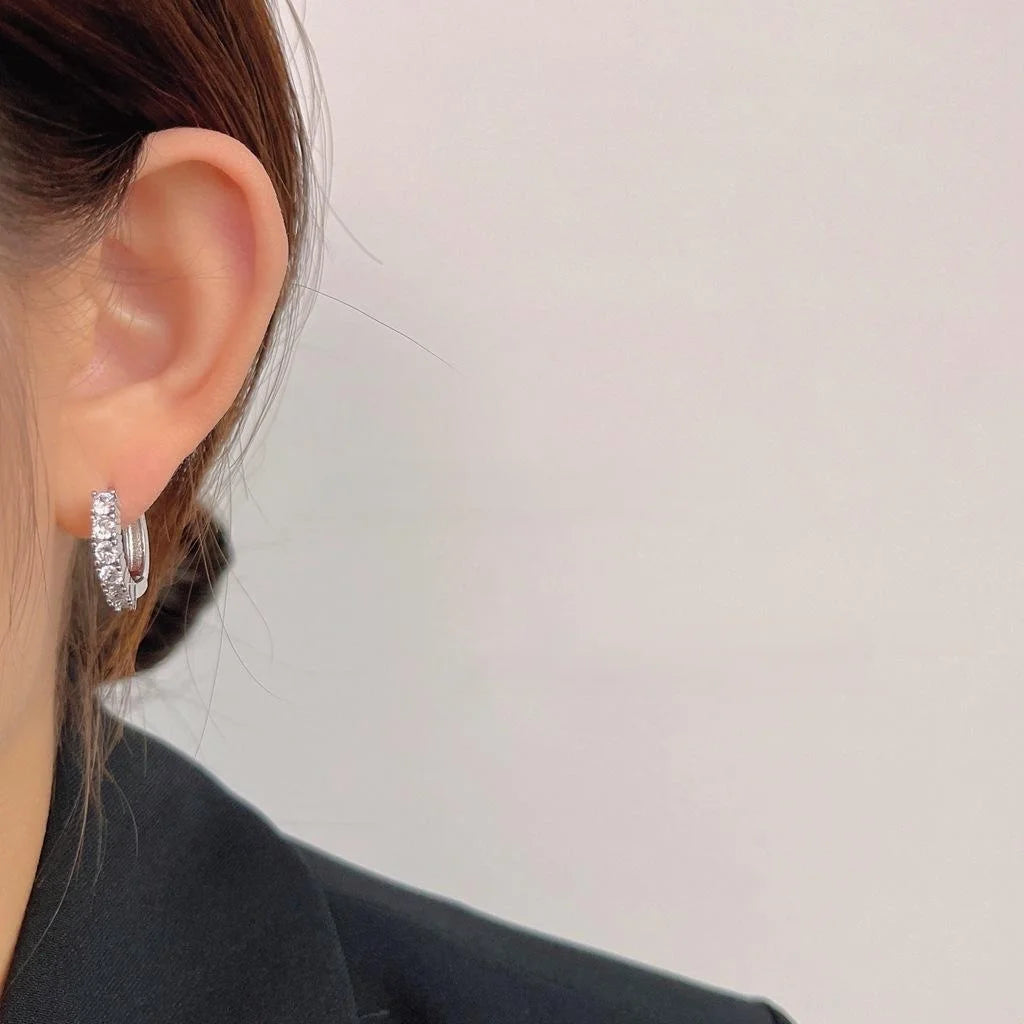 Silver Tone Copper Geometric Hoop Earrings With Micro Pave Zircon Light Luxury Fashion Jewelry