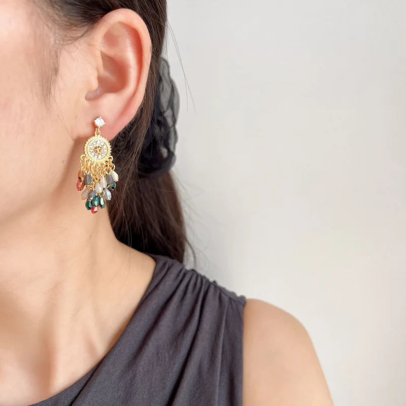 Vintage Spiral Round Rhinestone Crystal Tassel Stud & Clip On No Piercing Long Drop Earrings