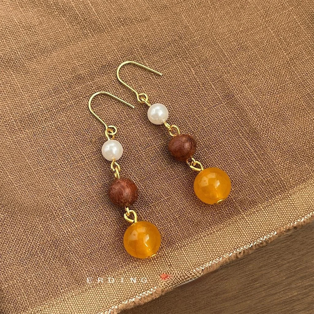 Vintage Ethnic Natural Stone Long Tassel Drop Earrings Handmade Geometric Round Oval Jewelry