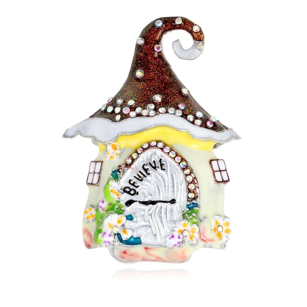 Cute Christmas Fairy House Enamel Rhinestone Brooch, Glitter Roof Lapel Pin Corsage Holiday Gift