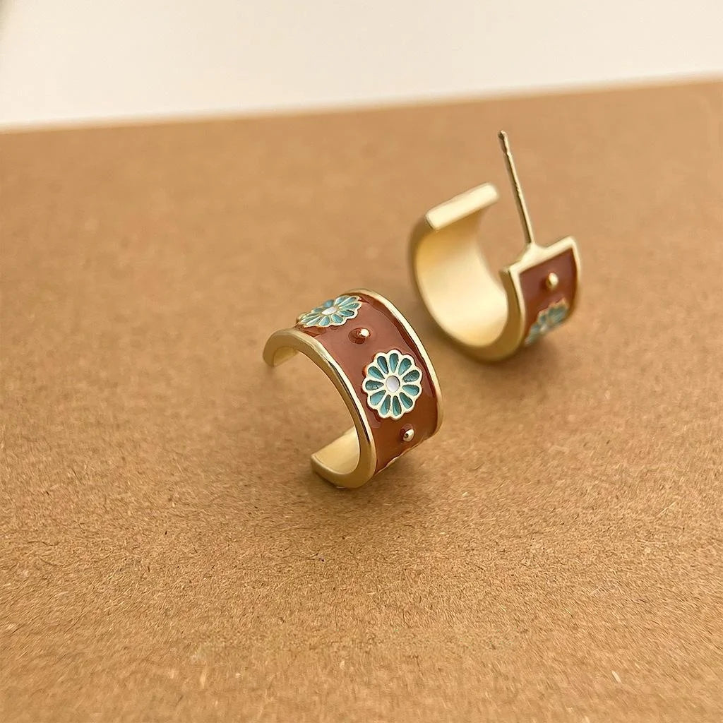 Vintage French Brown Enamel Glazed Geometric Round Copper Stud Earrings