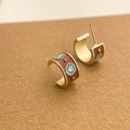Vintage French Brown Enamel Glazed Geometric Round Copper Stud Earrings