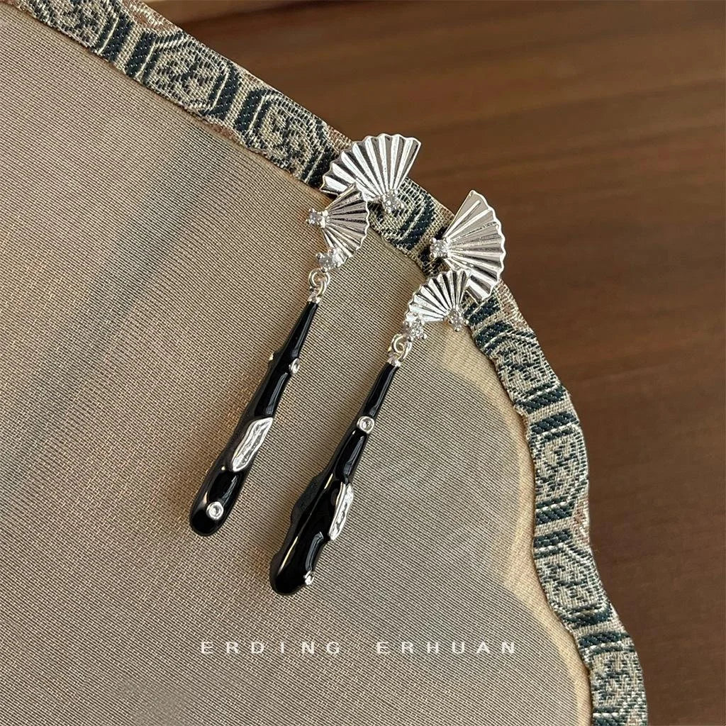 2025 New Chinese Style Copper Fan Drop Earrings Long Geometric Sweet Cool Fashion Jewelry