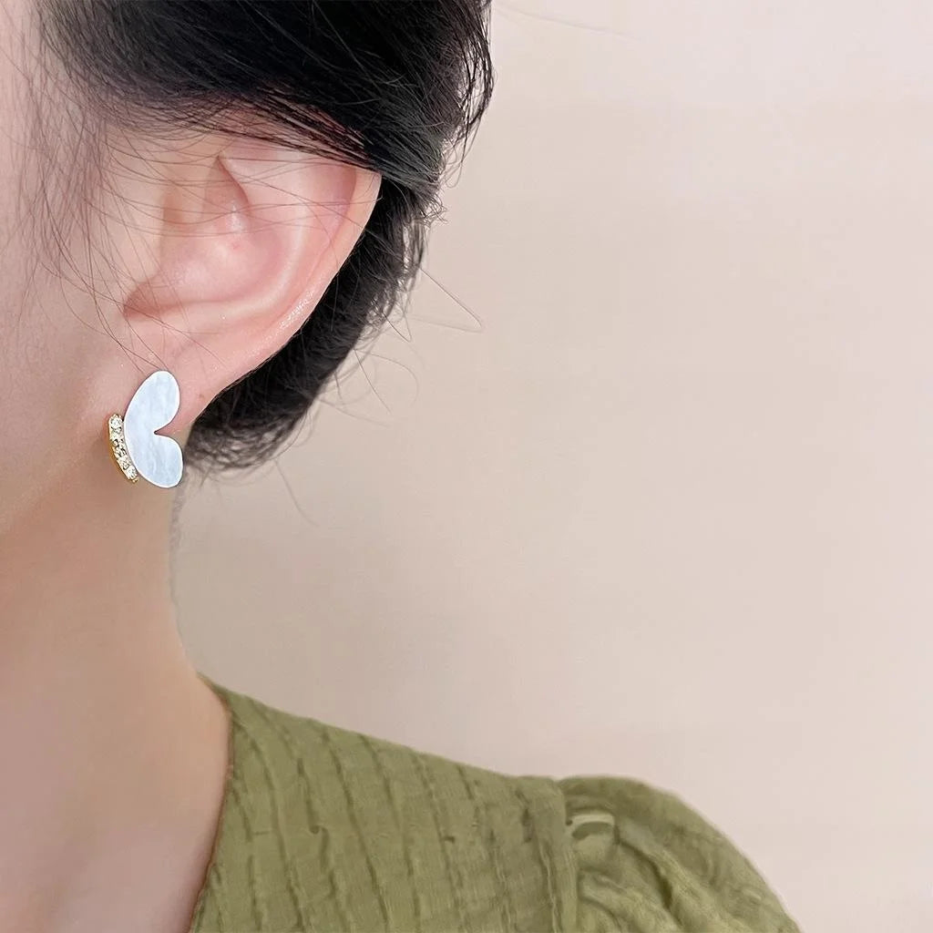 Original Design Cream White Micro Pave Zircon Butterfly Copper Stud Earrings French Elegant Jewelry