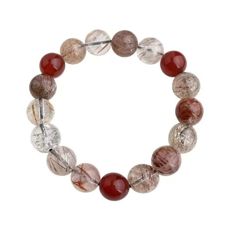 Natural Stone Red Rutilated Quartz Crystal Beaded Bracelet New Chinese Ethnic Geometric Designer Style