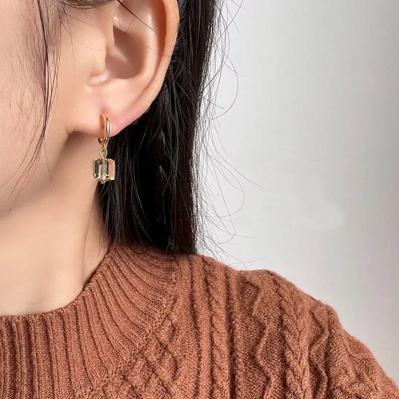 Elegant Gold Tone Cube Crystal Hoop Dangle Stud & Clip On No Piercing Sweet Luxury Earrings