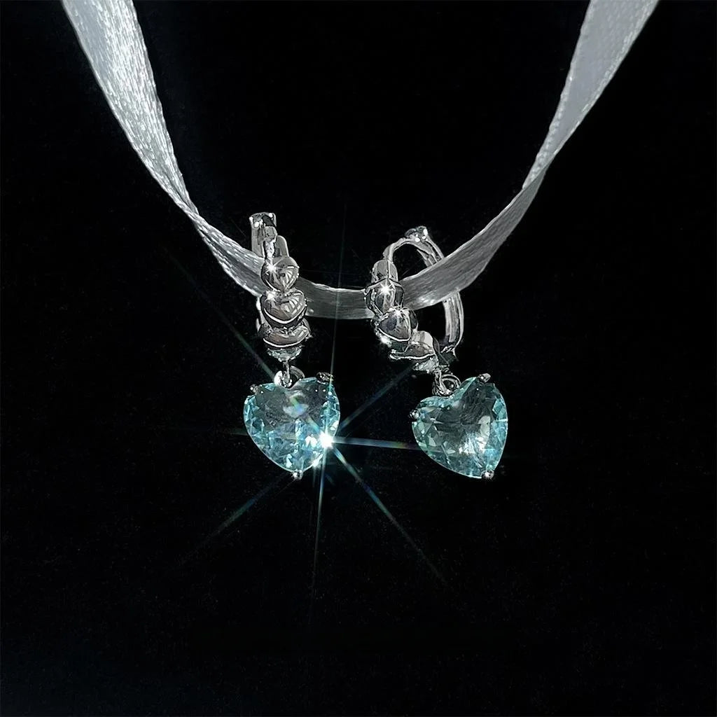 Sweet Cool Aquamarine Heart Zircon Copper Drop Earrings Handmade Geometric Designer Jewelry