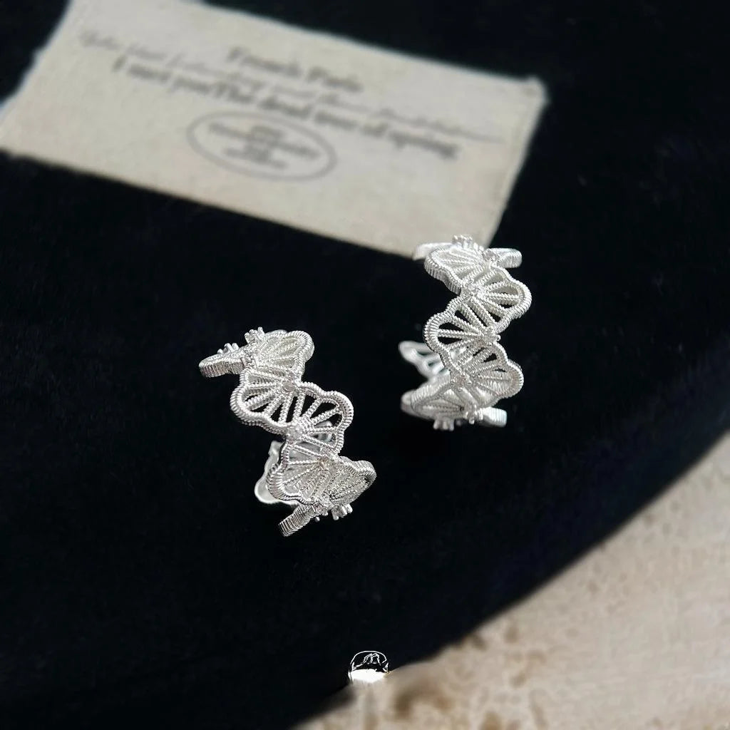 Eco Copper Silver Plated Micro Pave Zircon Hollow Lace Floral Leaf Drop Earrings