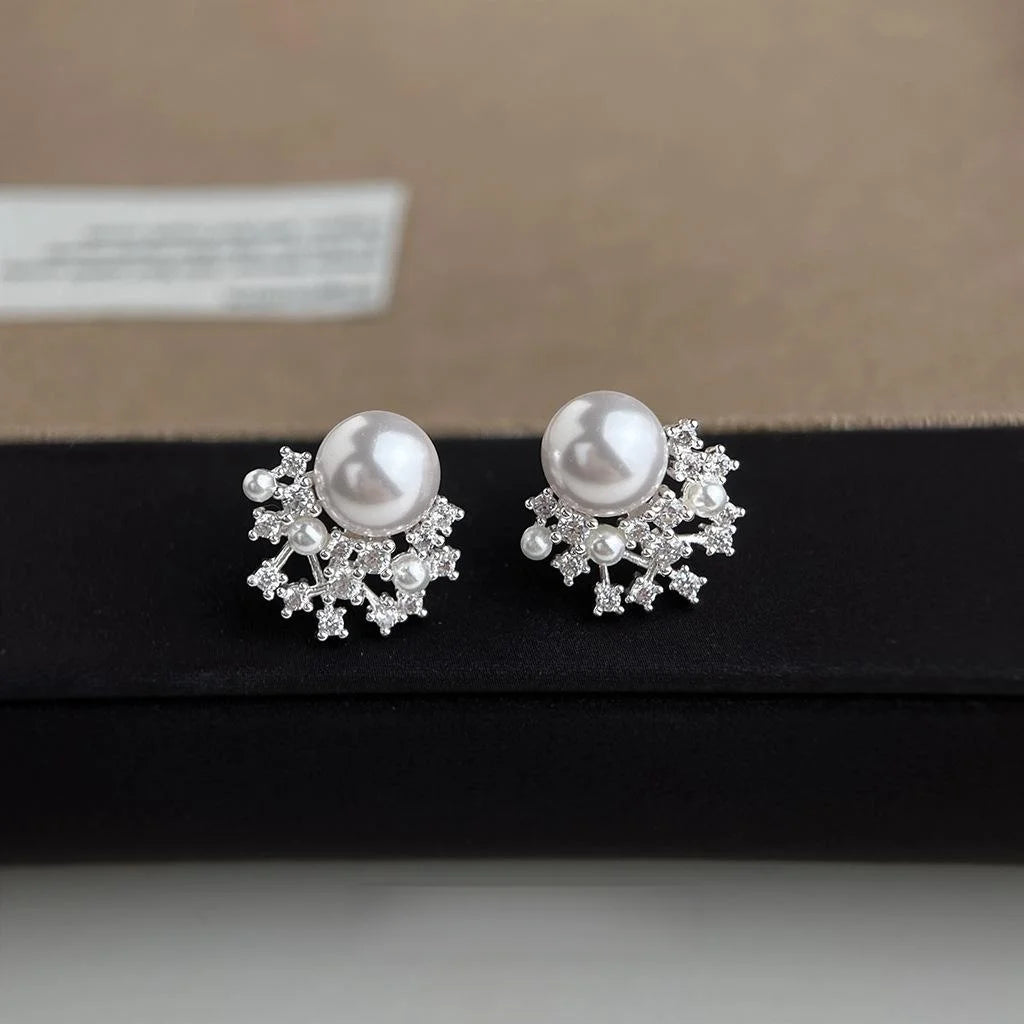 Light Luxury Copper Pearl Flower Geometric Zircon Pave Stud Earrings