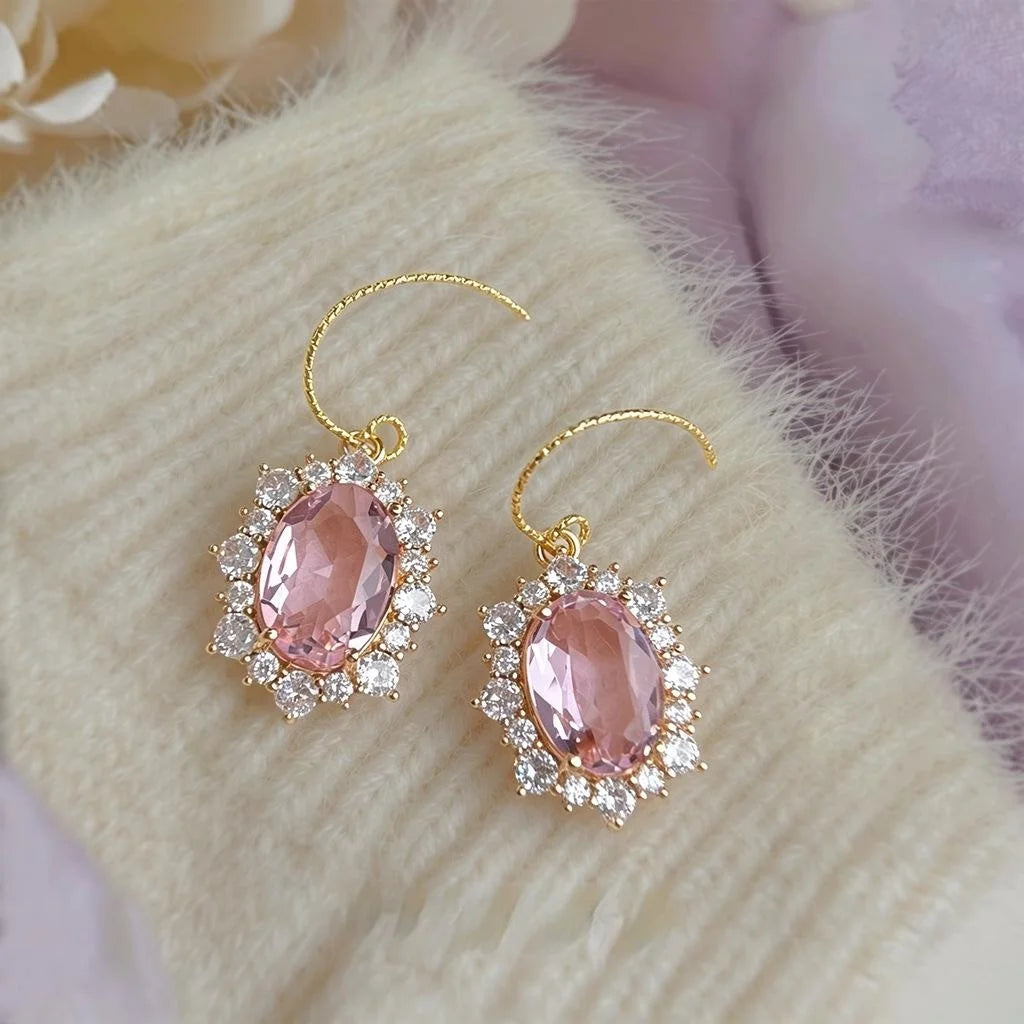 French Light Luxury Micro Pave Zircon Oval Pink Gemstone Drop Earrings For Women