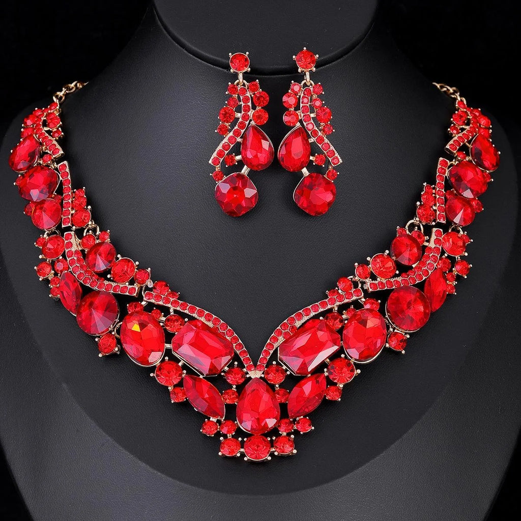 Luxury Emerald Green Crystal Rhinestone Statement Necklace Earrings Jewelry Set For Banquet Party