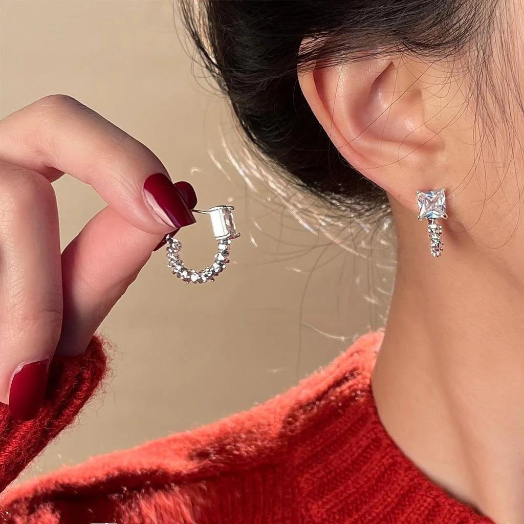Silver Plated Copper C Shaped Hoop Earrings Geometric Sparkle Minimalist Luxury Jewelry