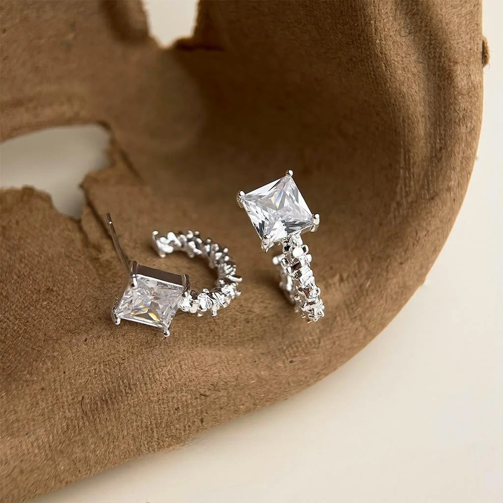 Silver Plated Copper C Shaped Hoop Earrings Geometric Sparkle Minimalist Luxury Jewelry