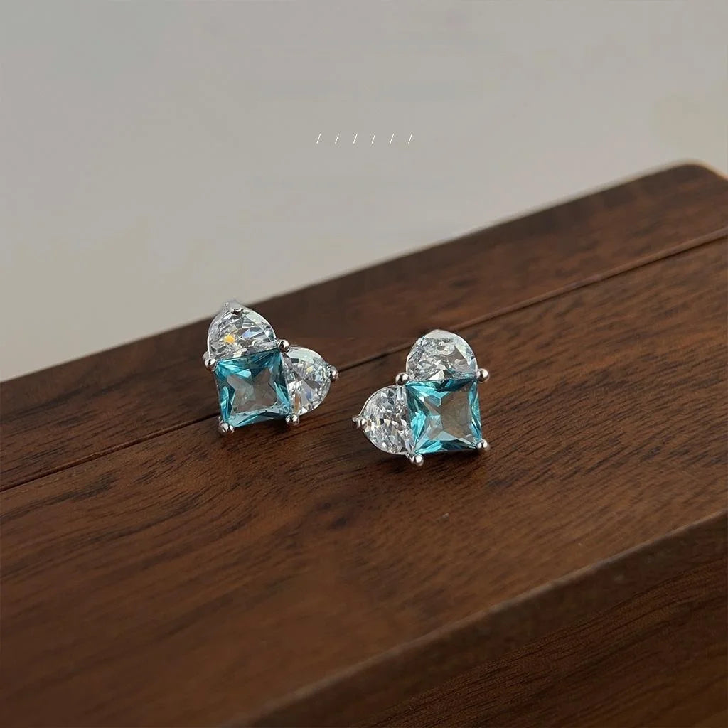 Sweet Cool Blue Micro Pave Zircon Heart Stud Earrings, Copper Mini Minimalist