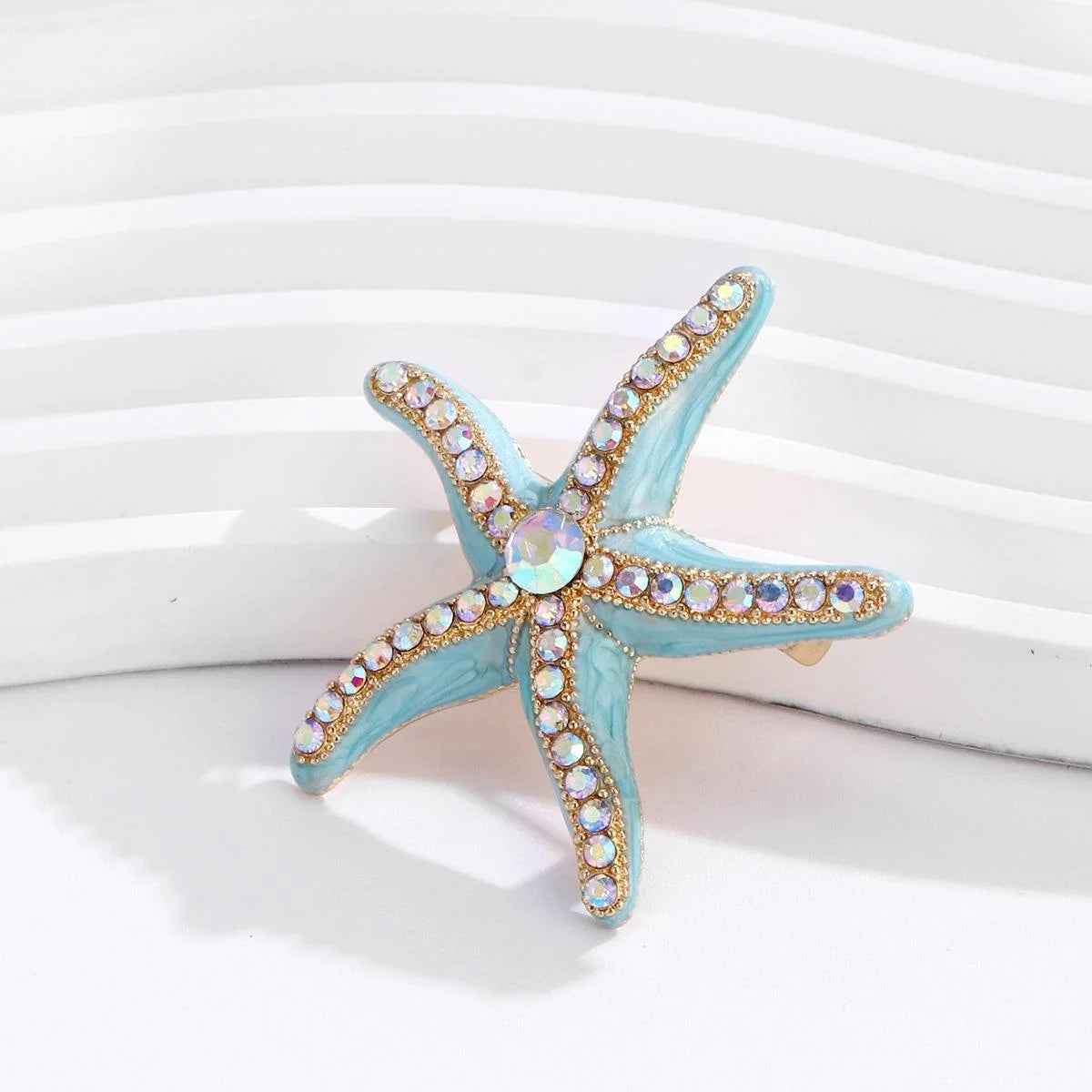 Elegant Blue Enamel Starfish Brooch With Aurora Rhinestones, Gold Tone Alloy Lapel Pin Corsage Gift