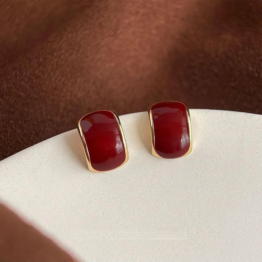 Hong Kong Style Vintage Burgundy Enamel Oval Copper 14K Plated Stud Earrings