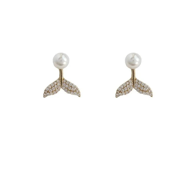 14K Plated Micro Pave Zircon Fishtail Pearl Stud Earrings Geometric Line Luxury Ear Jewelry